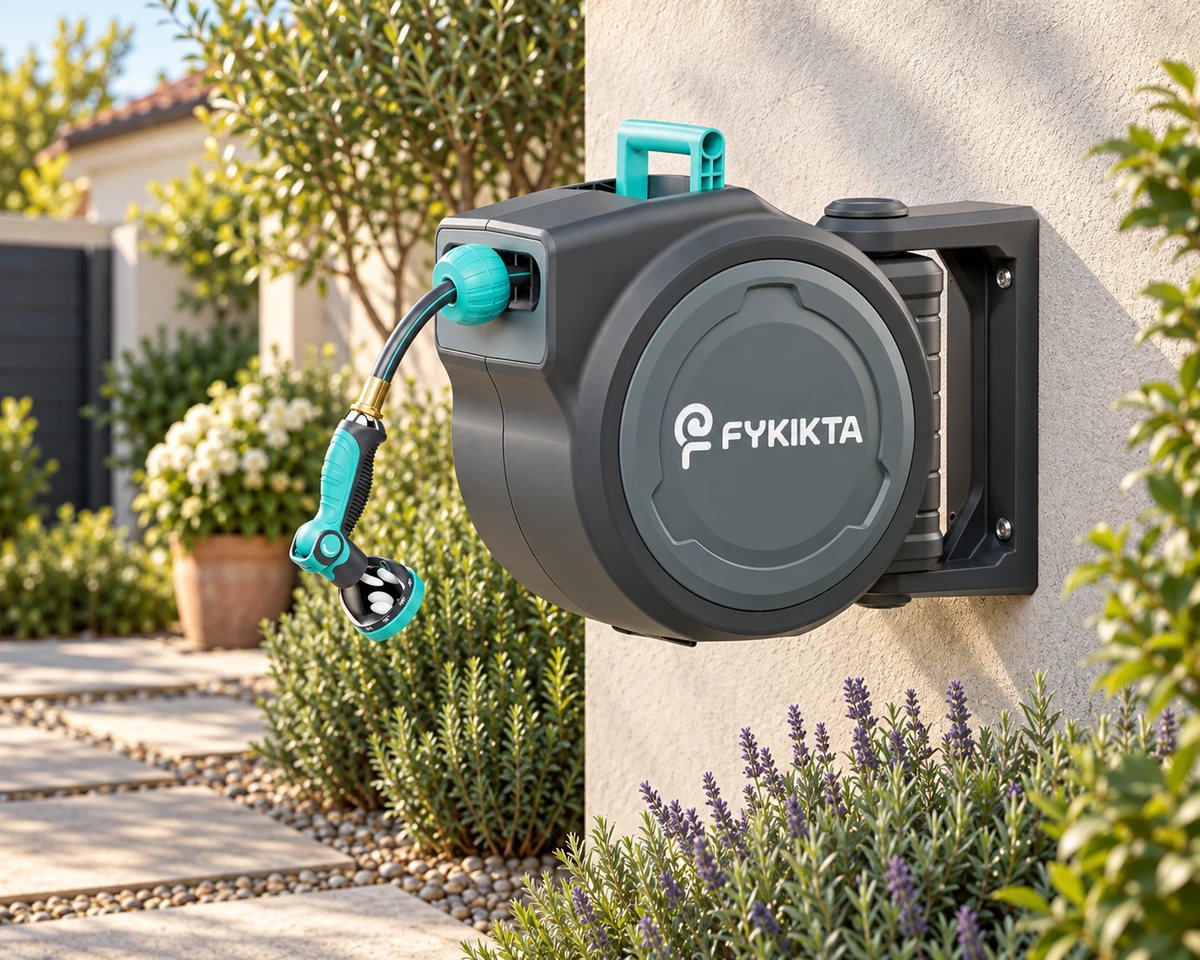 FYKIKTA 65 FT garden hose reel in a garden setting