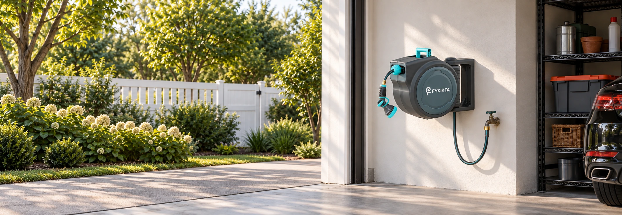 FYKIKTA garden hose reel mounted by a garage, connected to a wall faucet and a spray nozzle
