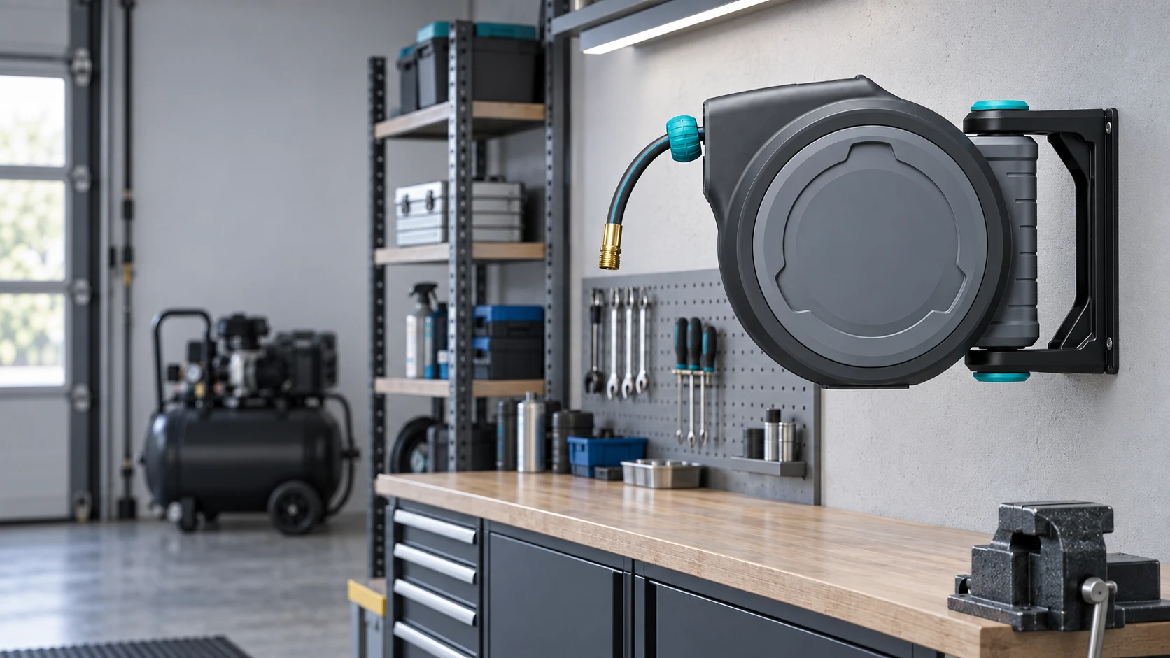 FYKIKTA FDAB air hose reel mounted in an organized workshop with brass air connector visible