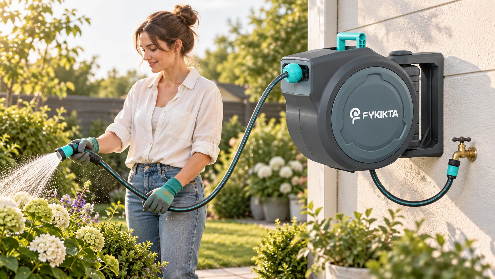FYKIKTA FDWB garden watering scene with complete faucet to reel to nozzle connection
