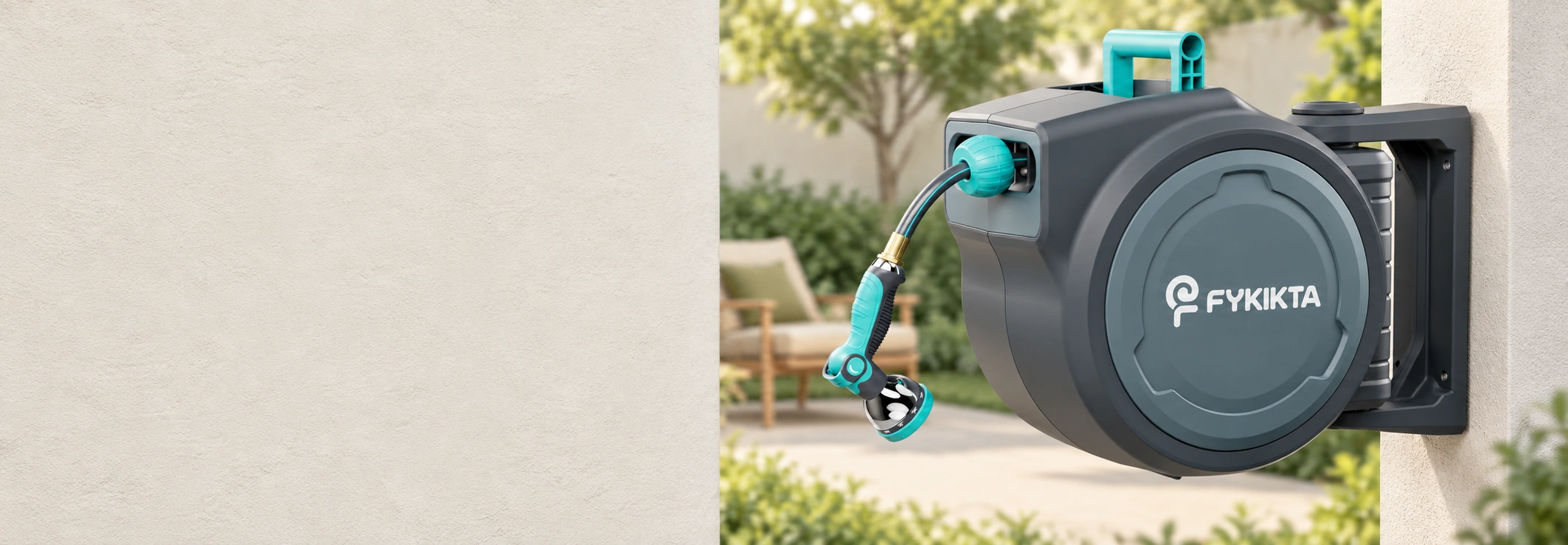 FYKIKTA 100 FT garden hose reel with right-side wall bracket and attached nozzle in patio storage