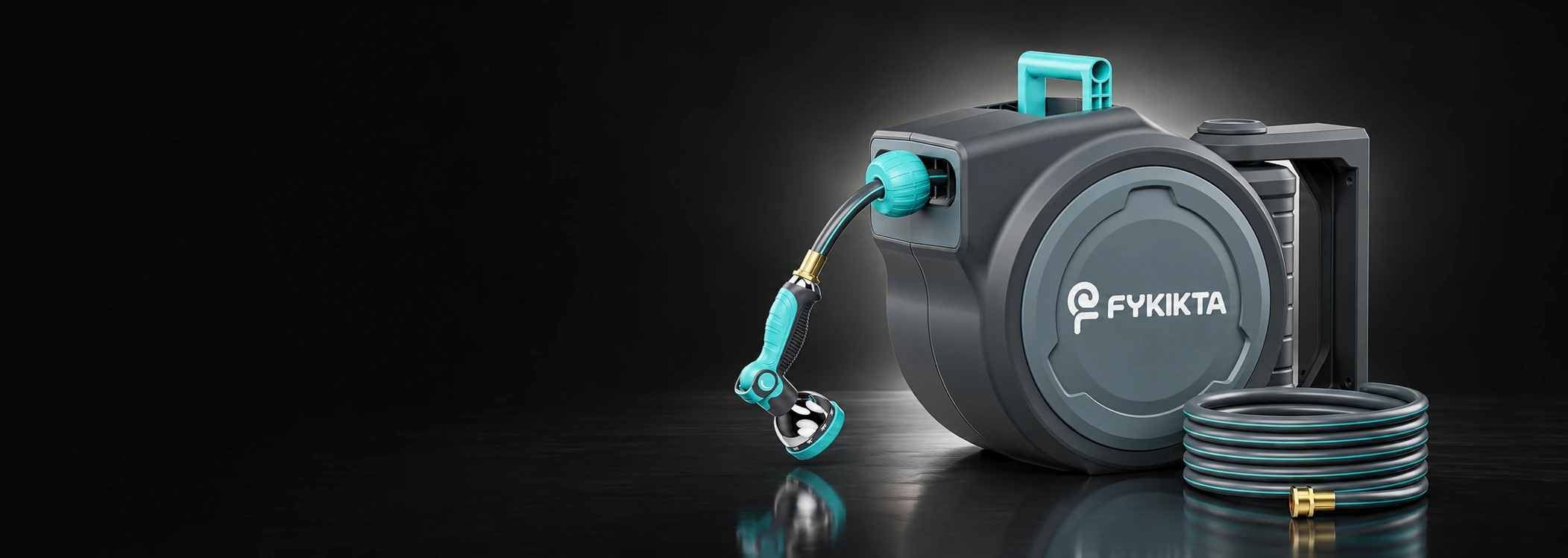 FYKIKTA 65 FT garden hose reel, attached nozzle and coiled hose in a dark studio product display