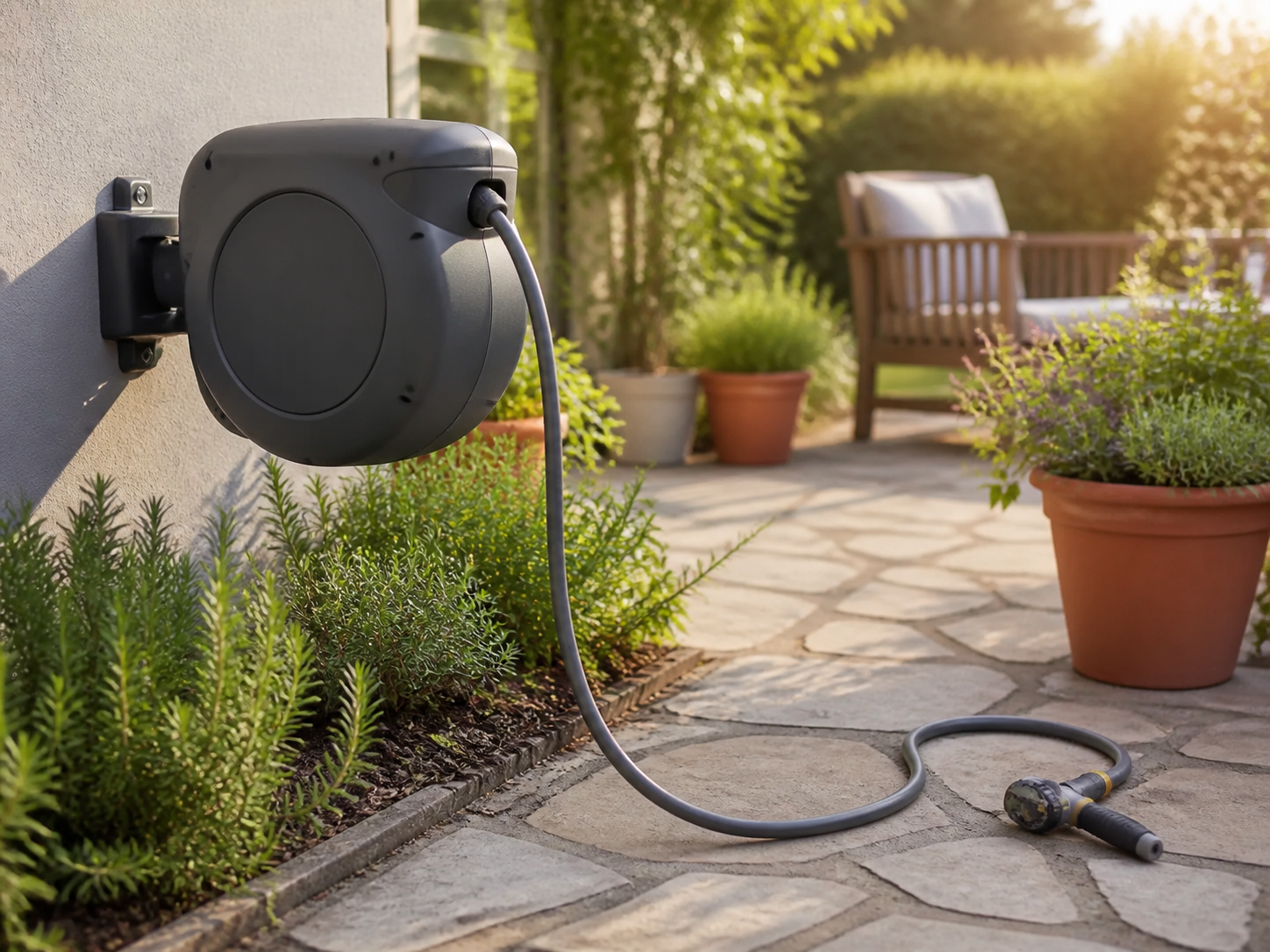 Wall-mounted FYKIKTA-style retractable hose reel on a patio wall, with a continuous hose and spray nozzle.